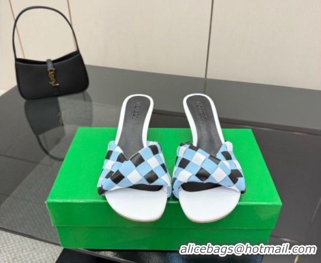 Best Product Bottega Veneta Blink Heel Slides Sandals 6.5cm in Vichy Intrecciato Leather with Folded Detail Blue 0604037