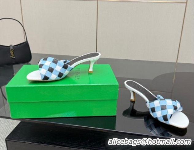 Best Product Bottega Veneta Blink Heel Slides Sandals 6.5cm in Vichy Intrecciato Leather with Folded Detail Blue 0604037