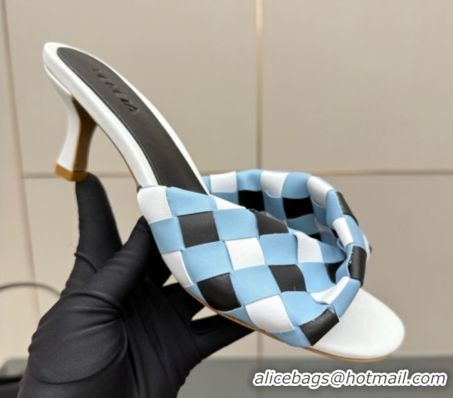 Best Product Bottega Veneta Blink Heel Slides Sandals 6.5cm in Vichy Intrecciato Leather with Folded Detail Blue 0604037