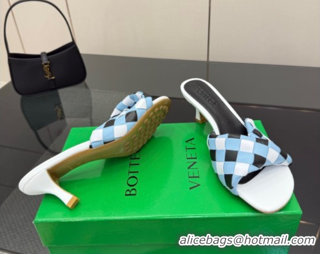 Best Product Bottega Veneta Blink Heel Slides Sandals 6.5cm in Vichy Intrecciato Leather with Folded Detail Blue 0604037