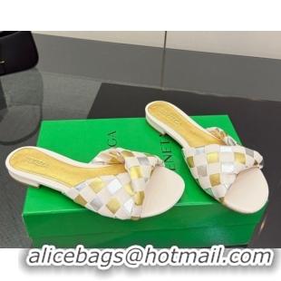 Stylish Bottega Veneta Blink Flat Slides Sandals in Vichy Intrecciato Leather with Folded Detail Nude 0604026