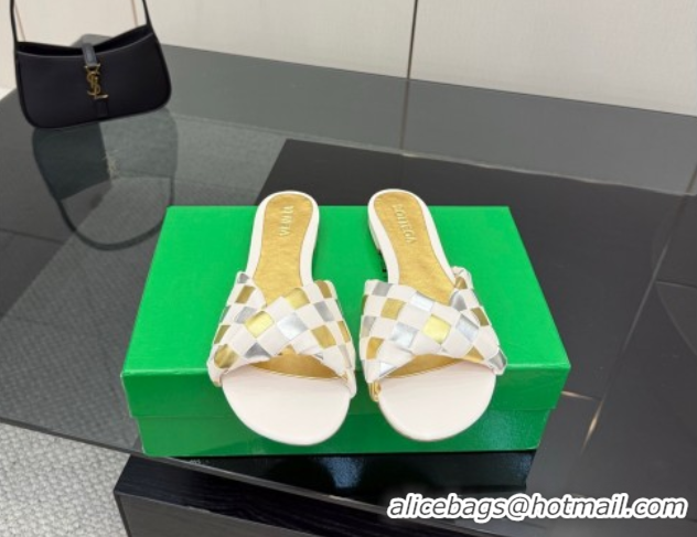 Stylish Bottega Veneta Blink Flat Slides Sandals in Vichy Intrecciato Leather with Folded Detail Nude 0604026