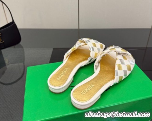 Stylish Bottega Veneta Blink Flat Slides Sandals in Vichy Intrecciato Leather with Folded Detail Nude 0604026