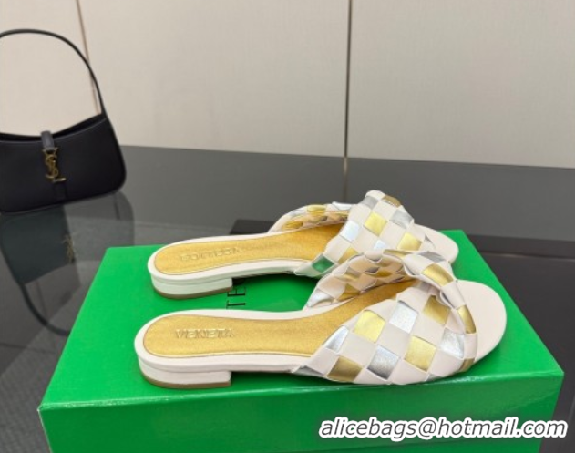 Stylish Bottega Veneta Blink Flat Slides Sandals in Vichy Intrecciato Leather with Folded Detail Nude 0604026