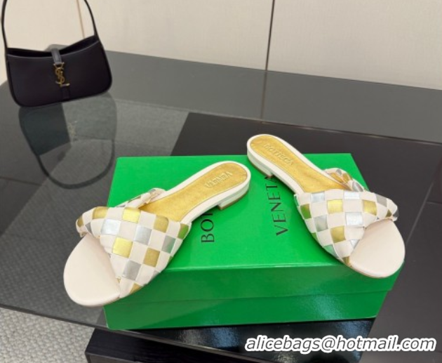 Stylish Bottega Veneta Blink Flat Slides Sandals in Vichy Intrecciato Leather with Folded Detail Nude 0604026
