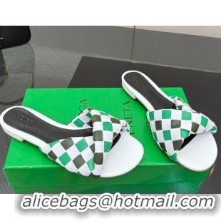 Luxury Bottega Veneta Blink Flat Slides Sandals in Vichy Intrecciato Leather with Folded Detail Green 0604035