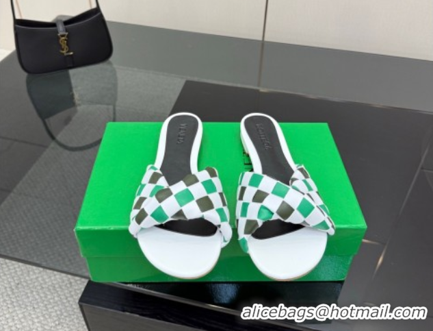 Luxury Bottega Veneta Blink Flat Slides Sandals in Vichy Intrecciato Leather with Folded Detail Green 0604035