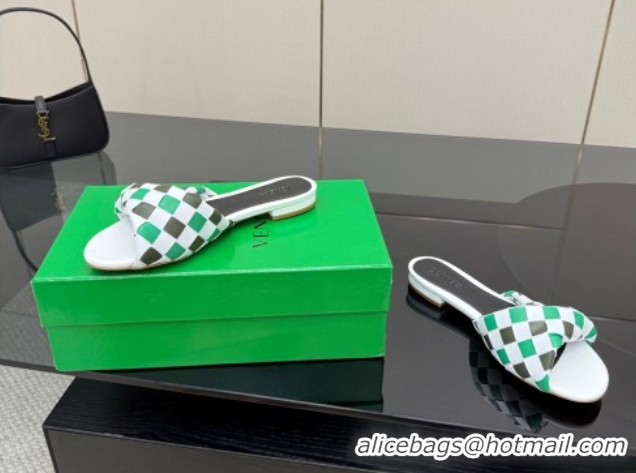 Luxury Bottega Veneta Blink Flat Slides Sandals in Vichy Intrecciato Leather with Folded Detail Green 0604035