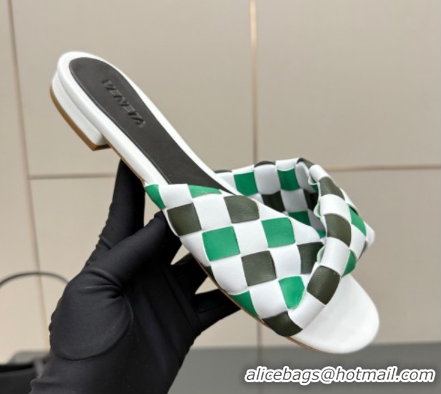 Luxury Bottega Veneta Blink Flat Slides Sandals in Vichy Intrecciato Leather with Folded Detail Green 0604035