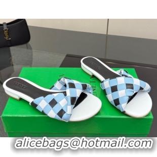Good Quality Bottega Veneta Blink Flat Slides Sandals in Vichy Intrecciato Leather with Folded Detail Blue 0604038