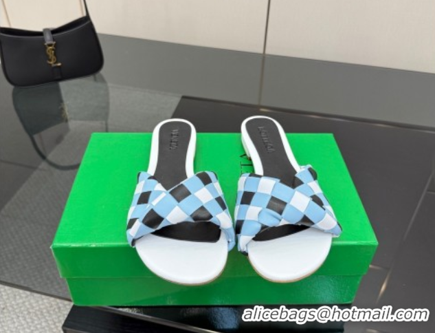 Good Quality Bottega Veneta Blink Flat Slides Sandals in Vichy Intrecciato Leather with Folded Detail Blue 0604038