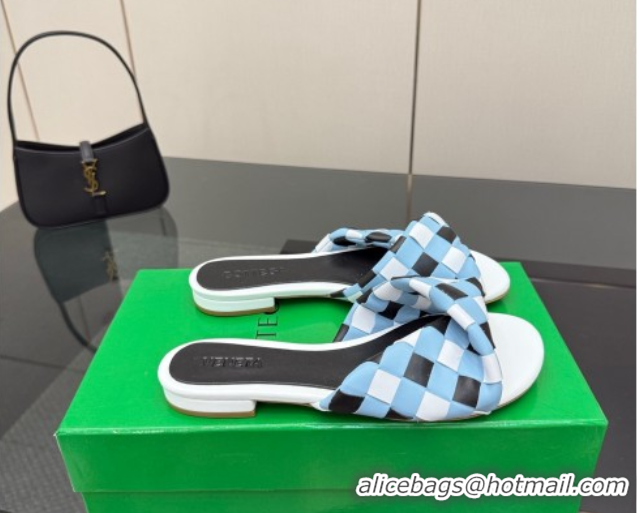Good Quality Bottega Veneta Blink Flat Slides Sandals in Vichy Intrecciato Leather with Folded Detail Blue 0604038