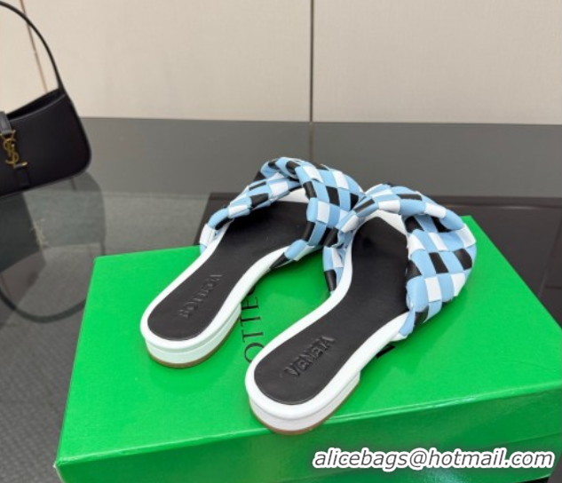 Good Quality Bottega Veneta Blink Flat Slides Sandals in Vichy Intrecciato Leather with Folded Detail Blue 0604038