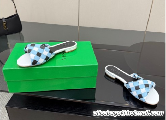 Good Quality Bottega Veneta Blink Flat Slides Sandals in Vichy Intrecciato Leather with Folded Detail Blue 0604038