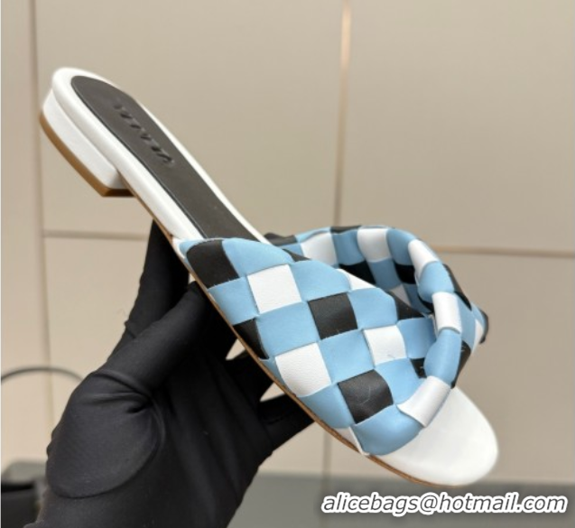 Good Quality Bottega Veneta Blink Flat Slides Sandals in Vichy Intrecciato Leather with Folded Detail Blue 0604038