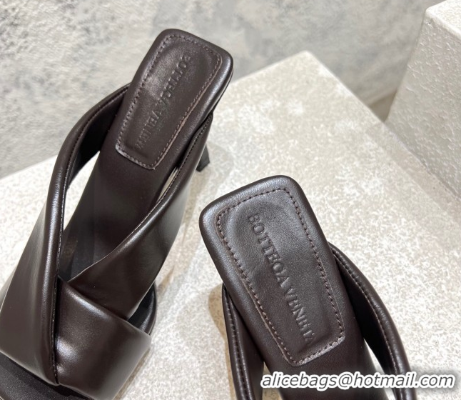 Low Price Bottega Veneta Riva Heel Slides Sandal 9cm in Shiny Calfskin with Twisted Strap Fondant Brown 0604043