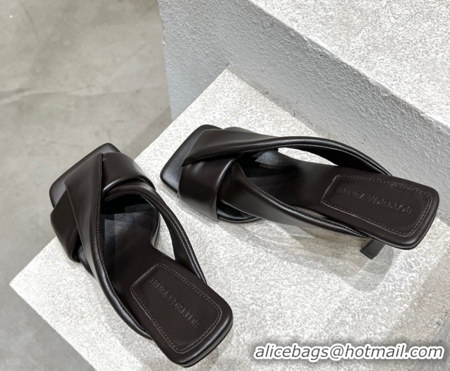 Low Price Bottega Veneta Riva Heel Slides Sandal 9cm in Shiny Calfskin with Twisted Strap Fondant Brown 0604043