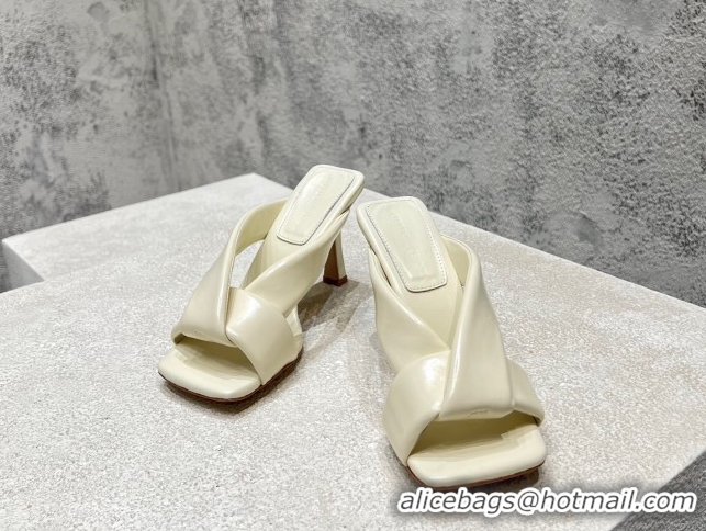 Best Price Bottega Veneta Riva Heel Slides Sandal 9cm in Shiny Calfskin with Twisted Strap Sea Salt White 0604045