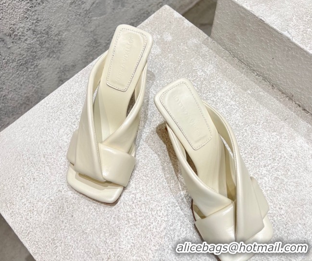 Best Price Bottega Veneta Riva Heel Slides Sandal 9cm in Shiny Calfskin with Twisted Strap Sea Salt White 0604045