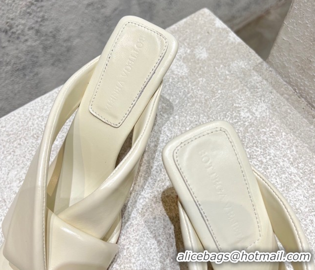 Best Price Bottega Veneta Riva Heel Slides Sandal 9cm in Shiny Calfskin with Twisted Strap Sea Salt White 0604045