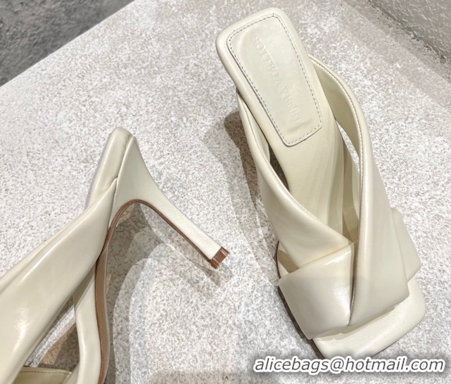 Best Price Bottega Veneta Riva Heel Slides Sandal 9cm in Shiny Calfskin with Twisted Strap Sea Salt White 0604045