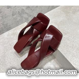 Sumptuous Bottega Veneta Riva Heel Slides Sandal 9cm in Shiny Calfskin with Twisted Strap Barolo Red 0604047