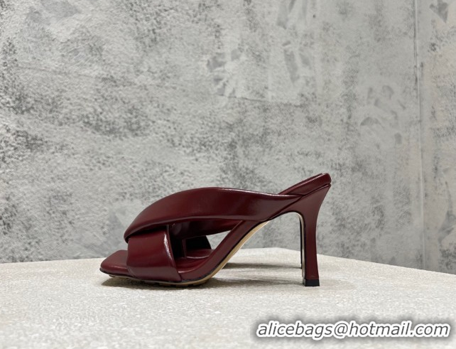 Sumptuous Bottega Veneta Riva Heel Slides Sandal 9cm in Shiny Calfskin with Twisted Strap Barolo Red 0604047