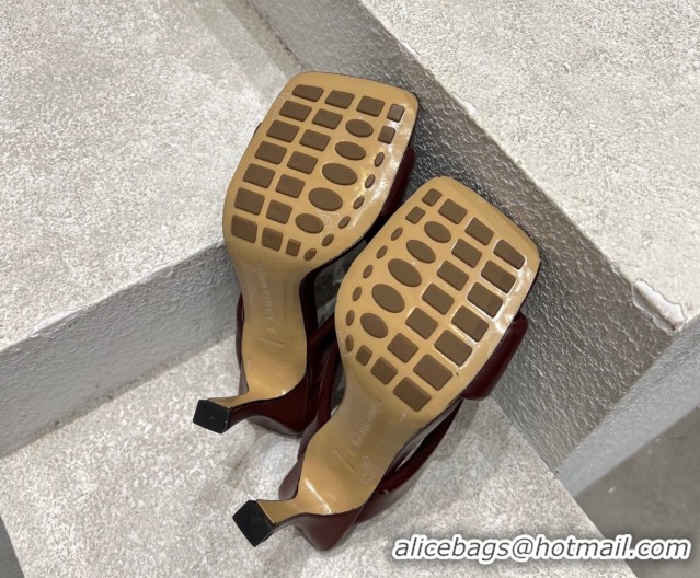 Sumptuous Bottega Veneta Riva Heel Slides Sandal 9cm in Shiny Calfskin with Twisted Strap Barolo Red 0604047