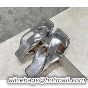 Purchase Bottega Veneta Riva Heel Slides Sandal 9cm in Shiny Calfskin with Twisted Strap Silver 0604049