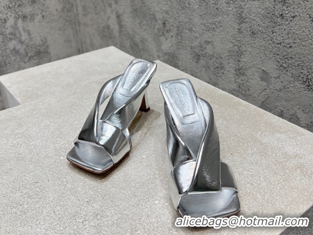 Purchase Bottega Veneta Riva Heel Slides Sandal 9cm in Shiny Calfskin with Twisted Strap Silver 0604049