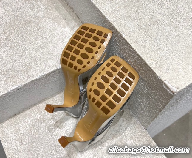 Purchase Bottega Veneta Riva Heel Slides Sandal 9cm in Shiny Calfskin with Twisted Strap Silver 0604049
