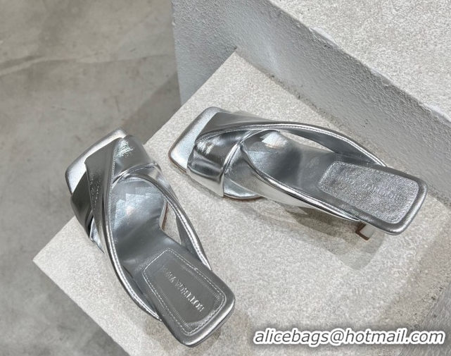 Purchase Bottega Veneta Riva Heel Slides Sandal 9cm in Shiny Calfskin with Twisted Strap Silver 0604049