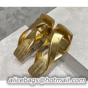 Classic Hot Bottega Veneta Riva Heel Slides Sandal 9cm in Shiny Calfskin with Twisted Strap Gold 0604051