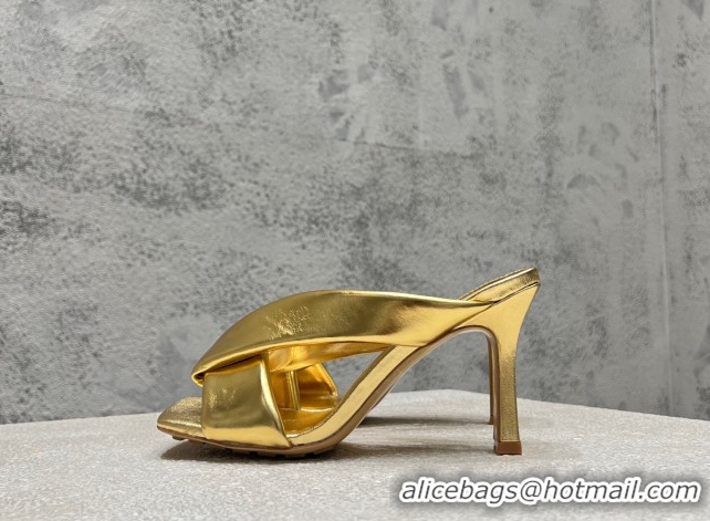 Classic Hot Bottega Veneta Riva Heel Slides Sandal 9cm in Shiny Calfskin with Twisted Strap Gold 0604051