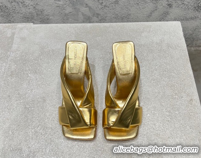 Classic Hot Bottega Veneta Riva Heel Slides Sandal 9cm in Shiny Calfskin with Twisted Strap Gold 0604051