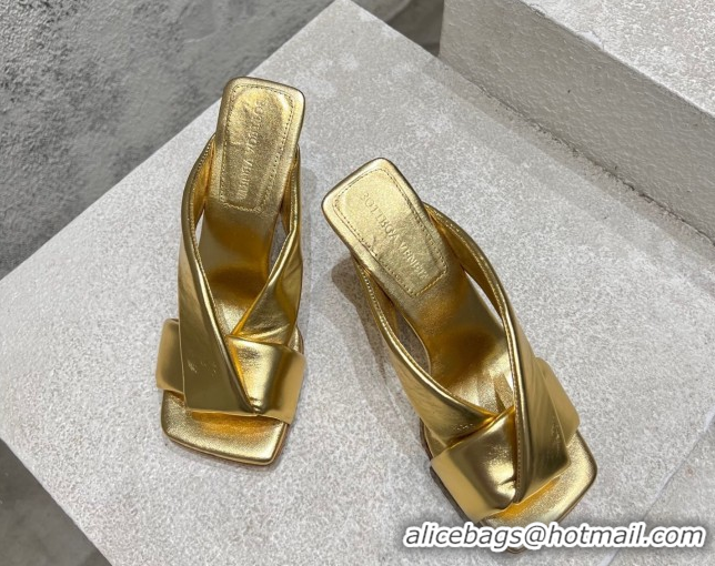 Classic Hot Bottega Veneta Riva Heel Slides Sandal 9cm in Shiny Calfskin with Twisted Strap Gold 0604051