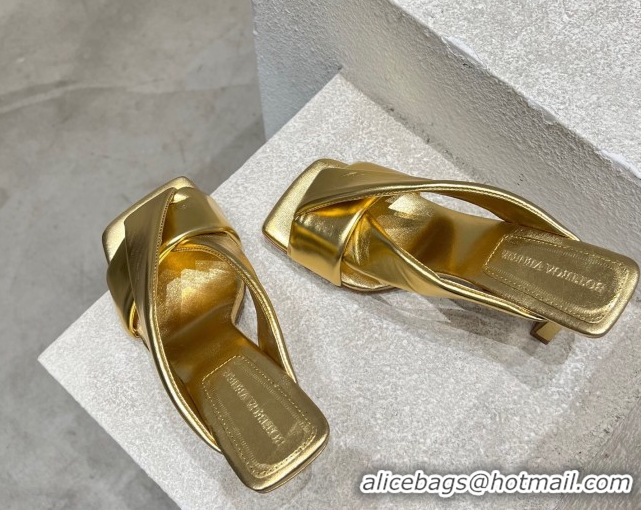 Classic Hot Bottega Veneta Riva Heel Slides Sandal 9cm in Shiny Calfskin with Twisted Strap Gold 0604051