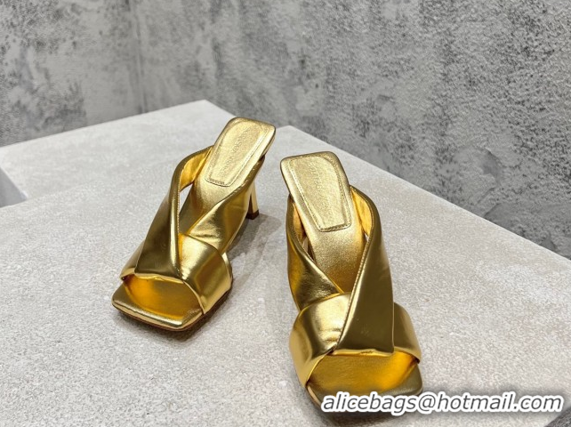 Classic Hot Bottega Veneta Riva Heel Slides Sandal 9cm in Shiny Calfskin with Twisted Strap Gold 0604051