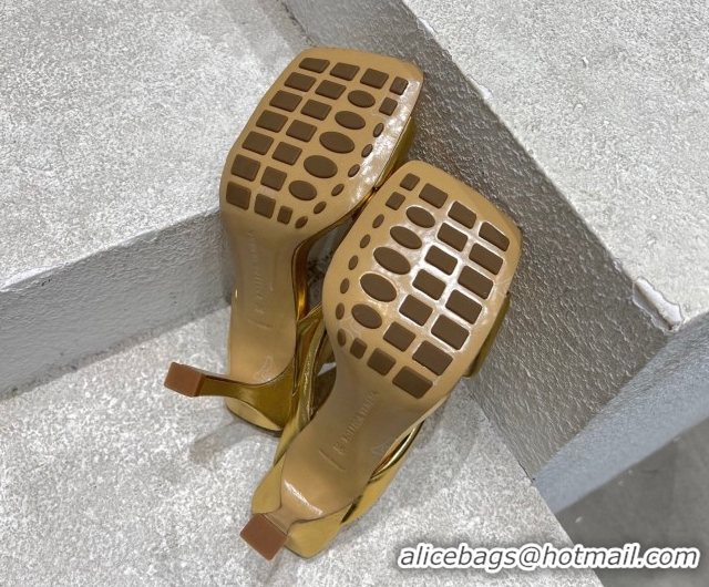 Classic Hot Bottega Veneta Riva Heel Slides Sandal 9cm in Shiny Calfskin with Twisted Strap Gold 0604051