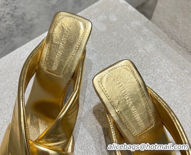 Classic Hot Bottega Veneta Riva Heel Slides Sandal 9cm in Shiny Calfskin with Twisted Strap Gold 0604051