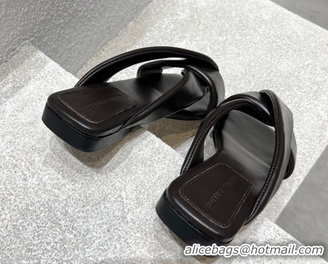 Classic Bottega Veneta Riva Flat Slides Sandal in Shiny Calfskin with Twisted Strap Fondant Brown 0604044