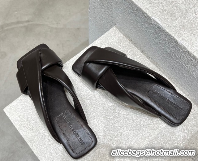 Classic Bottega Veneta Riva Flat Slides Sandal in Shiny Calfskin with Twisted Strap Fondant Brown 0604044
