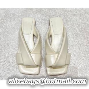 Buy Luxury Bottega Veneta Riva Flat Slides Sandal in Shiny Calfskin with Twisted Strap Sea Salt White 0604046