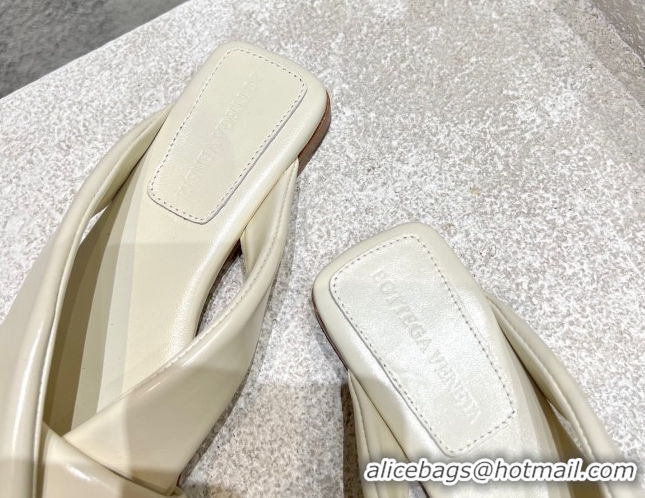 Buy Luxury Bottega Veneta Riva Flat Slides Sandal in Shiny Calfskin with Twisted Strap Sea Salt White 0604046