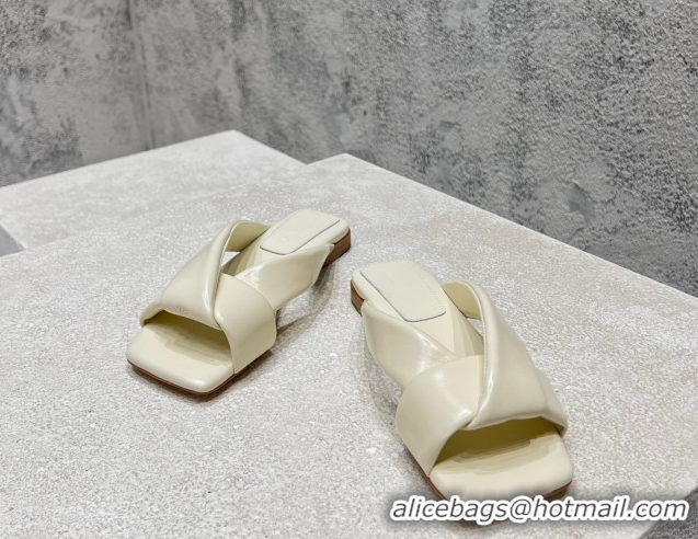 Buy Luxury Bottega Veneta Riva Flat Slides Sandal in Shiny Calfskin with Twisted Strap Sea Salt White 0604046