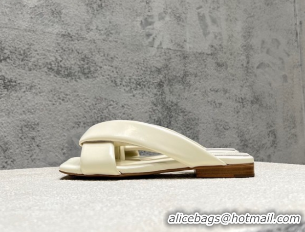 Buy Luxury Bottega Veneta Riva Flat Slides Sandal in Shiny Calfskin with Twisted Strap Sea Salt White 0604046