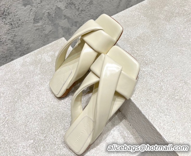 Buy Luxury Bottega Veneta Riva Flat Slides Sandal in Shiny Calfskin with Twisted Strap Sea Salt White 0604046