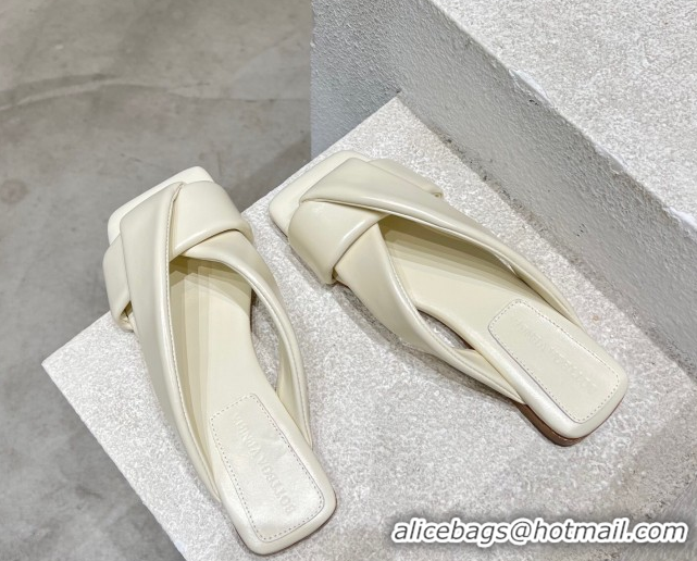 Buy Luxury Bottega Veneta Riva Flat Slides Sandal in Shiny Calfskin with Twisted Strap Sea Salt White 0604046