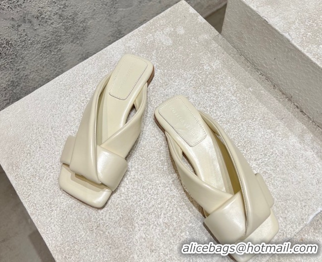 Buy Luxury Bottega Veneta Riva Flat Slides Sandal in Shiny Calfskin with Twisted Strap Sea Salt White 0604046