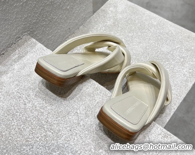 Buy Luxury Bottega Veneta Riva Flat Slides Sandal in Shiny Calfskin with Twisted Strap Sea Salt White 0604046